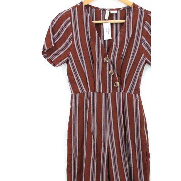 SKY AND SPARROW Jumpsuit Womens Red Striped Button Front Rust Short Sleeve XS NW - Picture 3 of 11